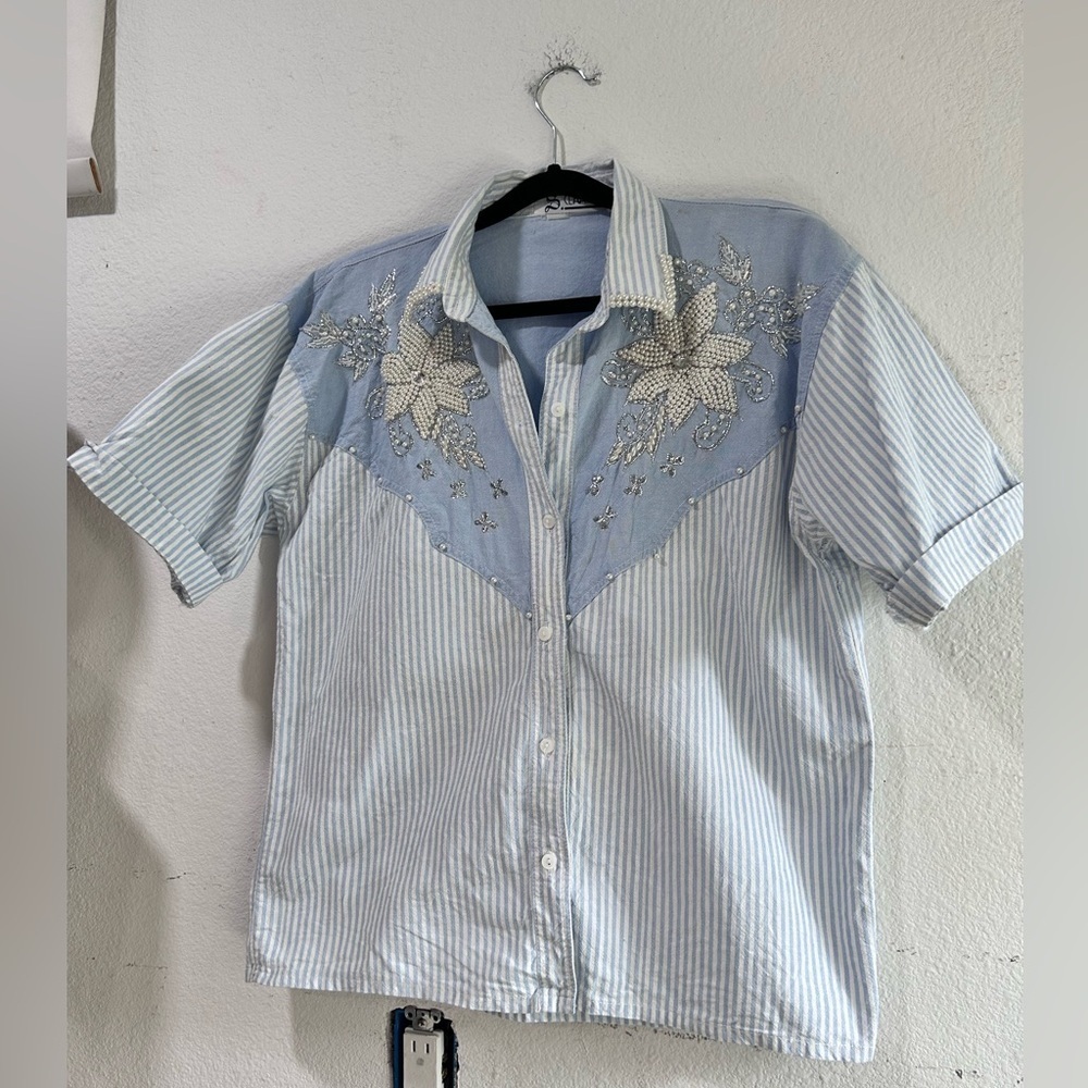 Men's Blue Striped Shirt with Floral Embroidery - Picture 15 of 16
